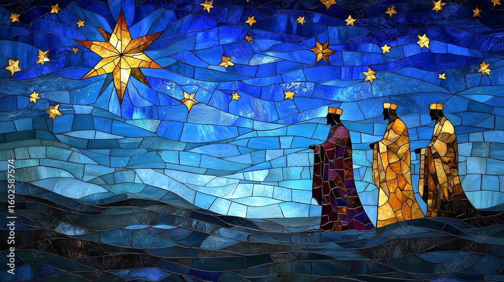 Stained glass-style image of the Three Wise Men standing under a starry sky, bearing gifts for the newborn Jesus. A bold, vibrant nativity scene ideal for Christmas decor and religious media