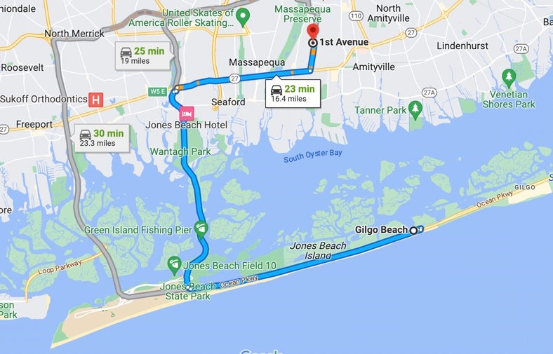<p>Map showing proximity of home being searched by police and Gilgo Beach where bodies were found</p>