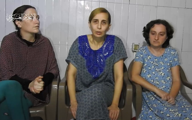 A screenshot from a propaganda video of three Israeli hostages released by Hamas.