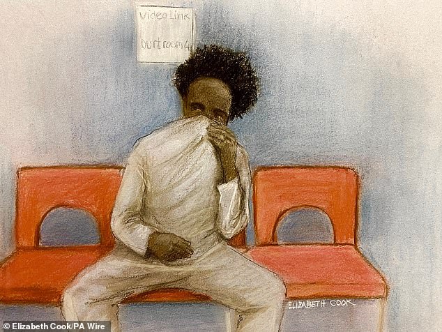 Axel Rudakubana covered the lower half of his face with his sweater as he appeared in court. Pictured: A court sketch of the suspect appearing at Westminster Magistrates' Court via video link today