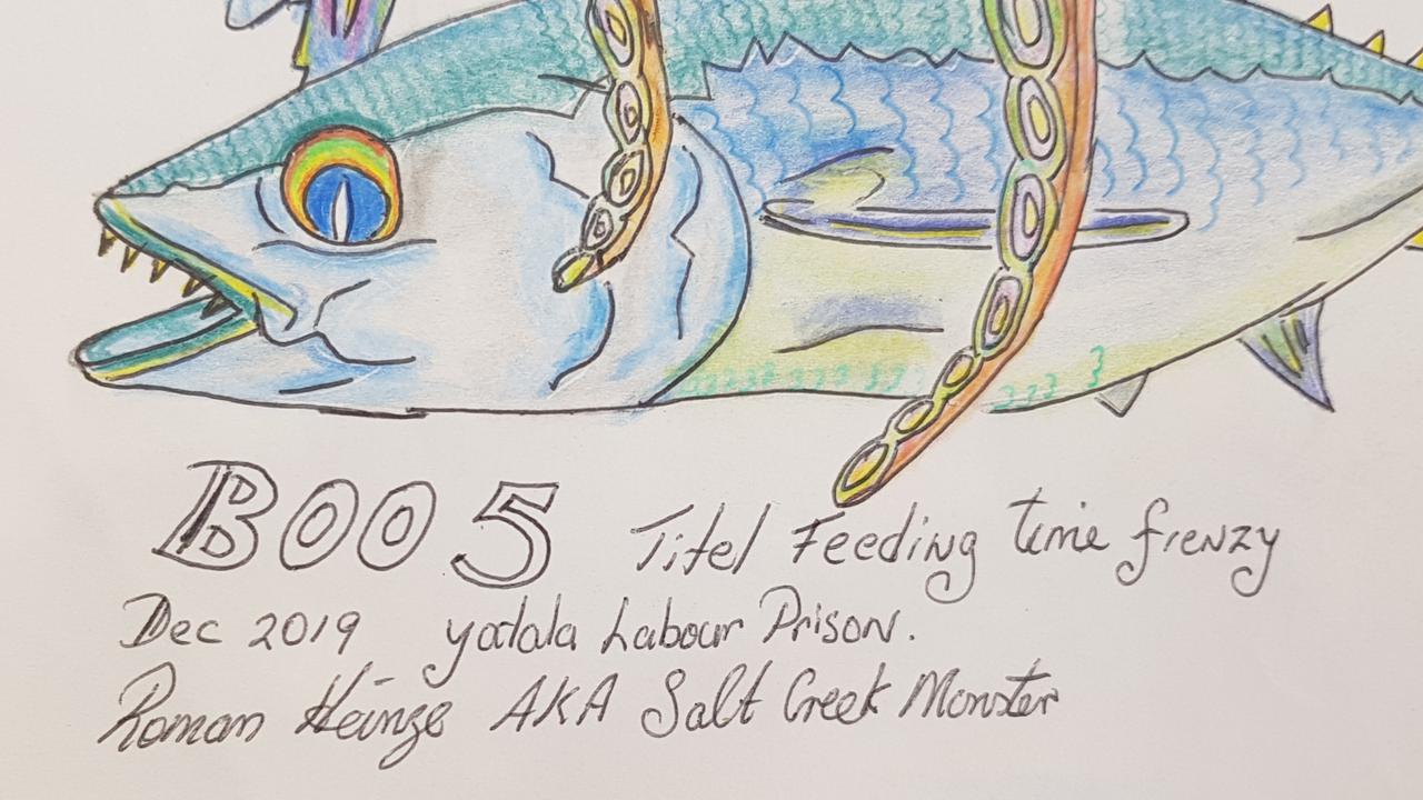 Salt Creek backpacker kidnapper Roman Heinze’s artwork signed off with “AKA Salt Creek Monster”. Picture: Supplied