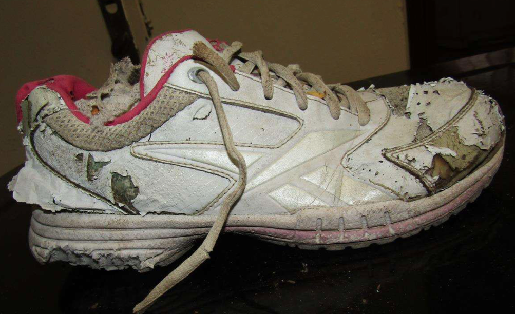 white & pink shoe found on remains