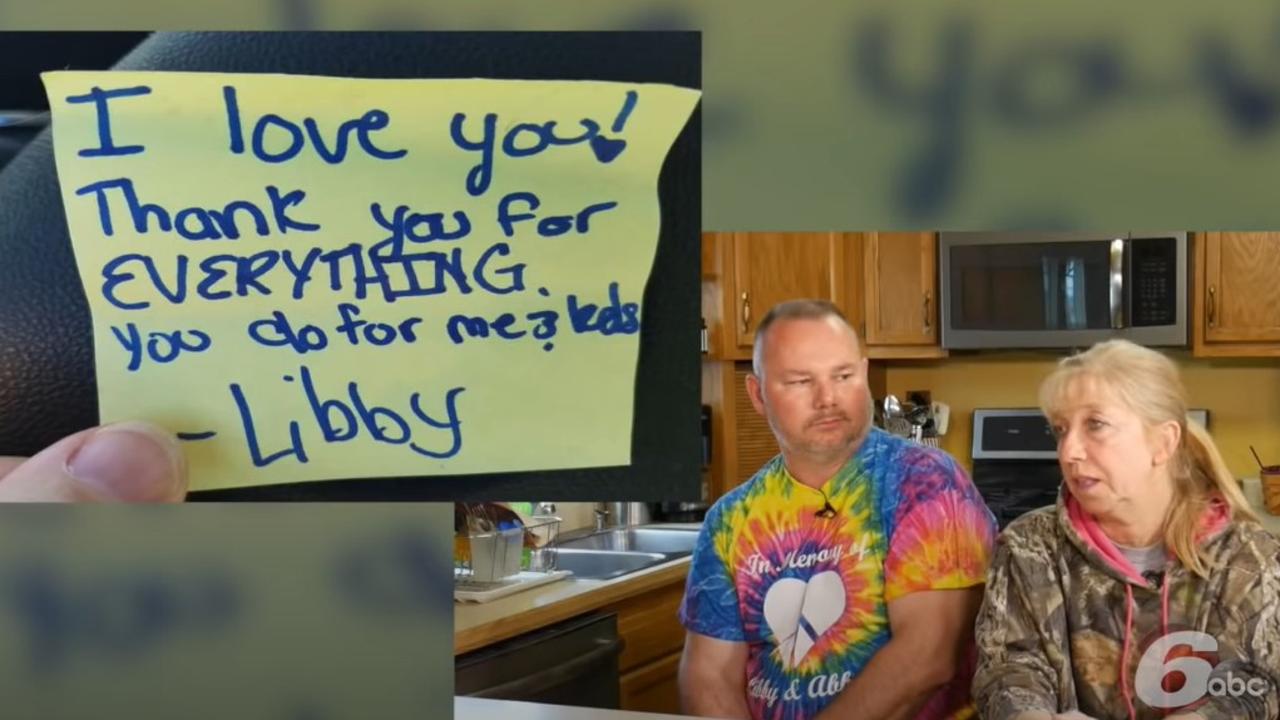 Libby German’s grandparents Mike and Betty Patty and a post-it note she left them. Picture: ABC News America.