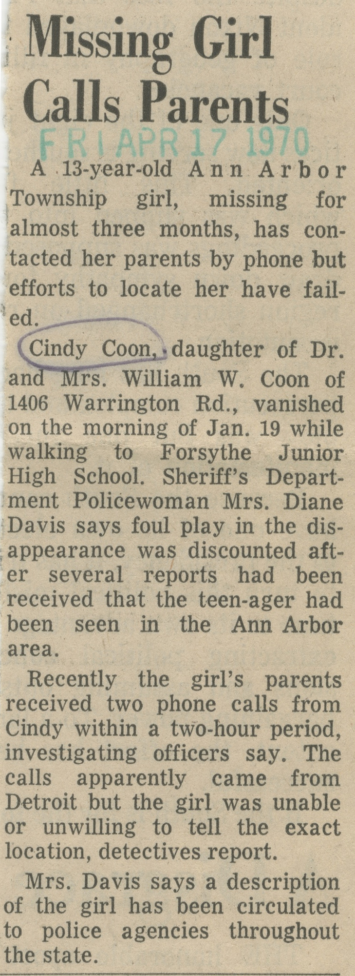 Missing Girl Calls Parents image