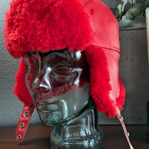 Vtg Arctic Trooper Trapper Hat Red Leather Faux Fur Ear Flap Hunting Aviator