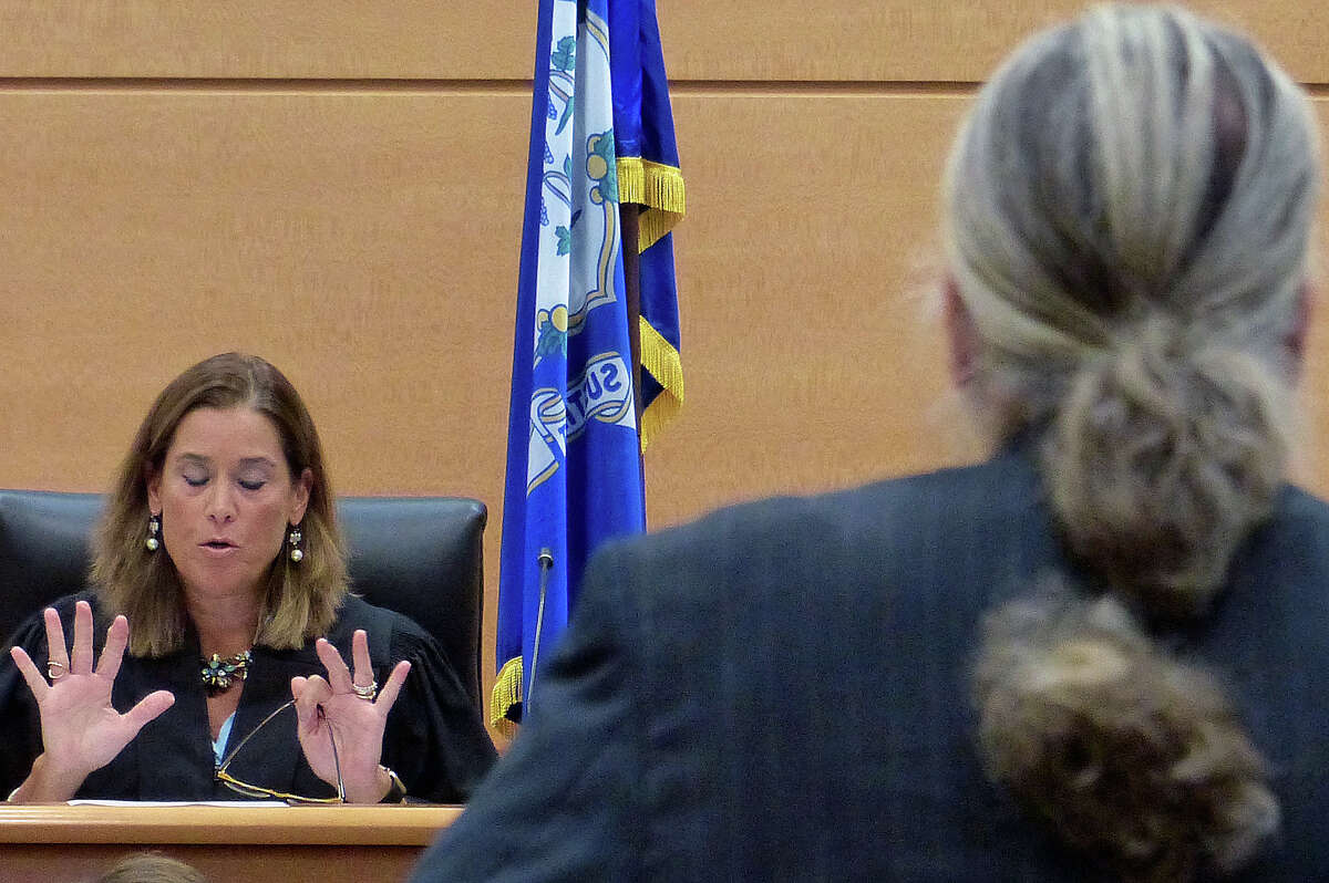 Alex Jones' attorney Norm Pattis, right, is warned by Judge Judge Barbara Bellis to not speak over her during the Alex Jones Sandy Hook defamation damages trial at Connecticut Superior Court in Waterbury, Conn. Friday, Sept. 23, 2022.