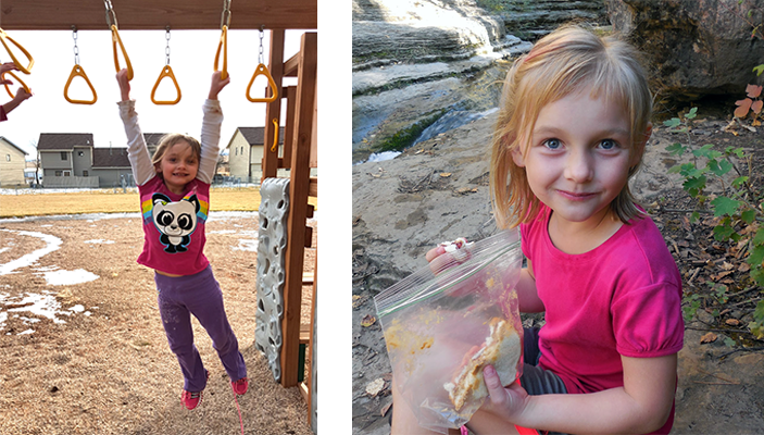 two photos, one of serenity playing on a jungle gym in a shirt with a panda on it, one of her looking at the camera and smiling wearing a pink shirt
