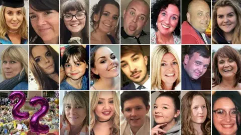 Family handouts A composite of the 22 victims of the Manchester Arena bombings. Top (left to right): Lisa Lees, Alison Howe, Georgina Callander, Kelly Brewster, John Atkinson, Jane Tweddle, Marcin Klis, Eilidh MacLeod - Middle (left to right): Angelika Klis, Courtney Boyle, Saffie Roussos, Olivia Campbell-Hardy, Martyn Hett, Michelle Kiss, Philip Tron, Elaine McIver - Bottom (left to right):  Wendy Fawell, Chloe Rutherford, Liam Allen-Curry, Sorrell Leczkowski, Megan Hurley, Nell Jones
