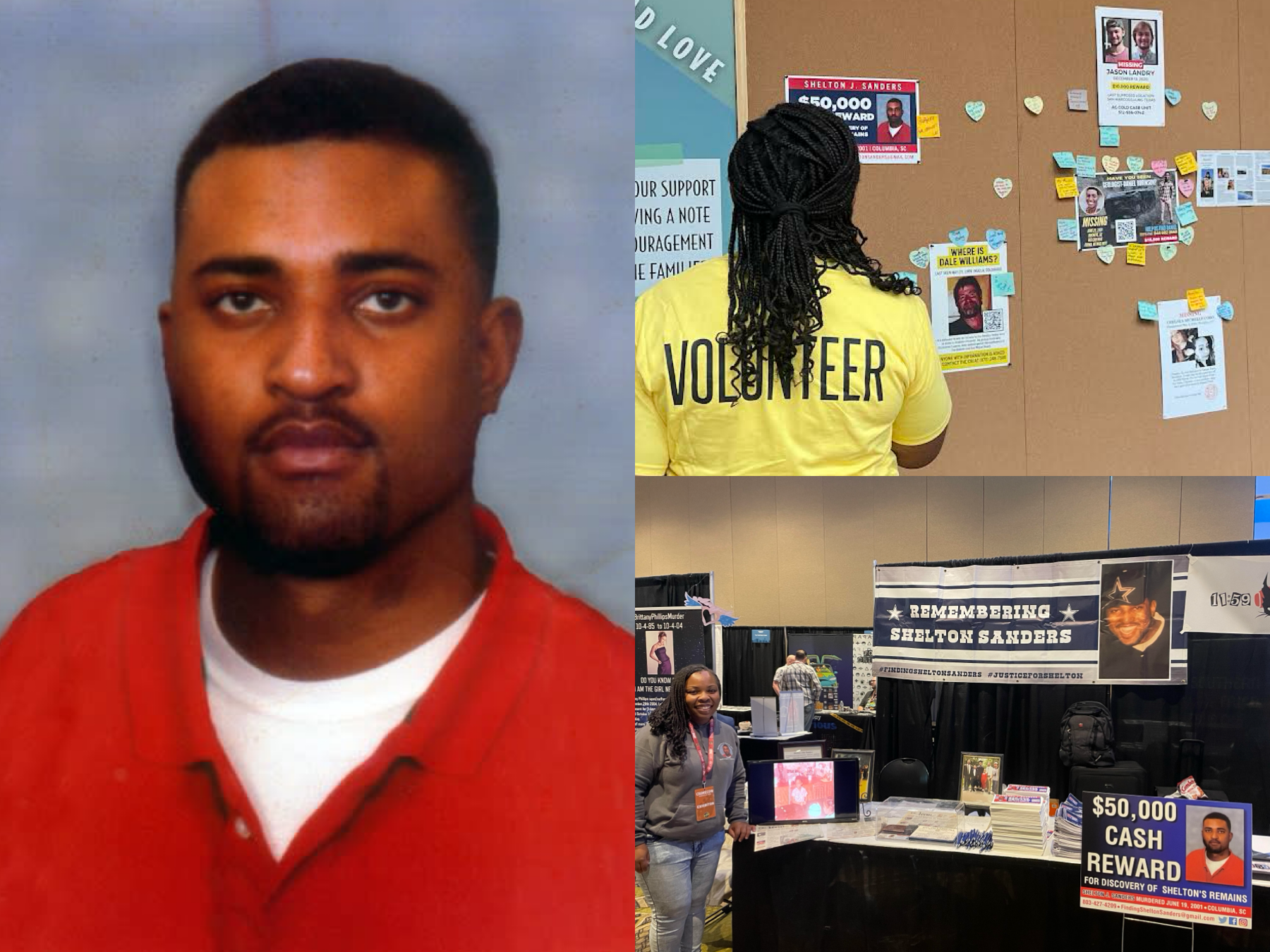 Shelton Sanders, a USC-Columbia student, vanished 23 years ago. His sister Wilveria has never stopped looking — working as a volunteer at CrimeCon last year, pictured top right at the missing person’s wall, and then having a booth at this year’s event, bottom right, to tell her brother’s story