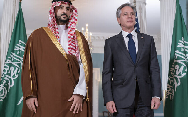 US Secretary of State Antony Blinken, right, meets with Saudi Arabia's Minister of Defense Khalid bin Salman, Wednesday, Nov. 1, 2023, at the State Department in Washington. (AP Photo/Jacquelyn Martin)