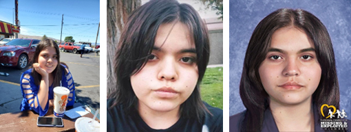 kit at 16 with dark hair at a picnic table; another picture of kit as a teen with dark hair; kit age progressed to 20 with dark hair