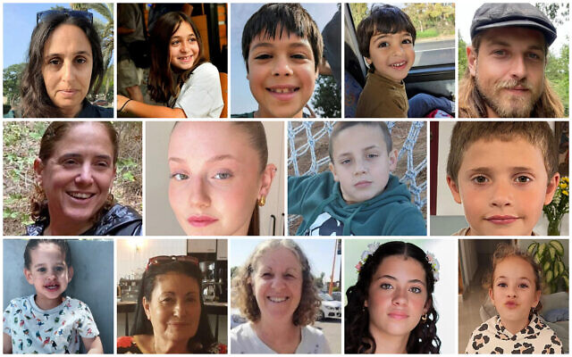 Israeli hostages released on November 26, 2023: Top L-R: Hagar Brodetz and children Ofri, Yuval and Oriya, Roni Krivoi; middle: Chen Almog Goldstein and her children Agam, Gal and Tal Almog; bottom: Avigail Idan, Alma Avraham, Aviva Siegal, and siblings Ela and Dafna Elyakim. (Photos: Courtesy; combination image: Times of Israel)