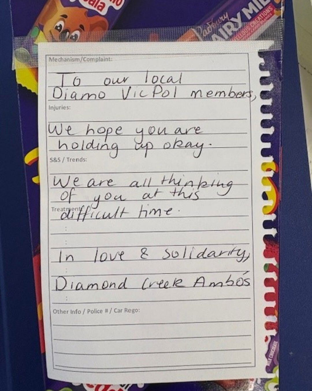 A hand-written note to police in Diamond Creek.