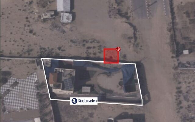 An aerial image published by the IDF on October 22, 2023, which it says shows a Hamas rocket-launching site next to a kindergarten in Gaza. (Israel Defense Forces)
