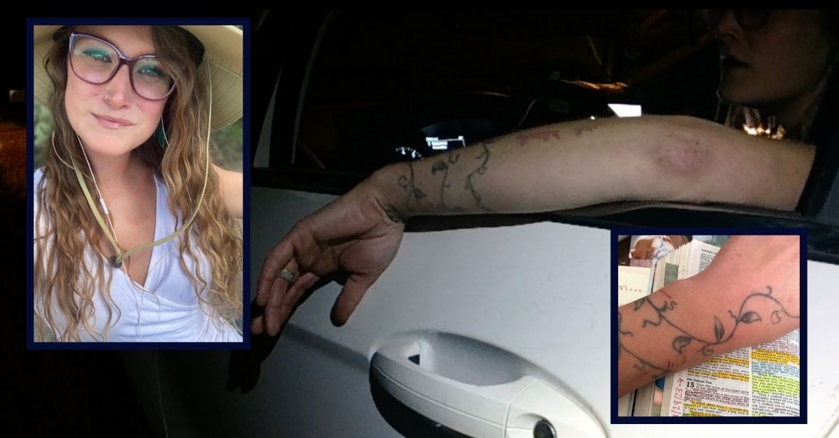Chelsea Grimm is seen in body-worn camera footage and inset left; an up-close image of her tattoo is inset right.