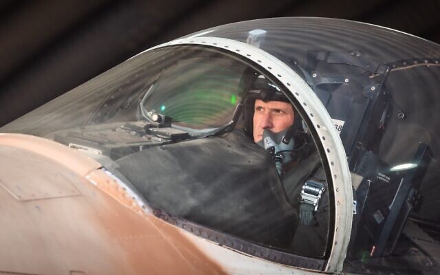 Air Force chief Maj. Gen. Tomer Bar is seen in an F-15I fighter jet at the Hatzerim airbase, in an image published November 3, 2023. (Amit Agronov/Israeli Air Force)