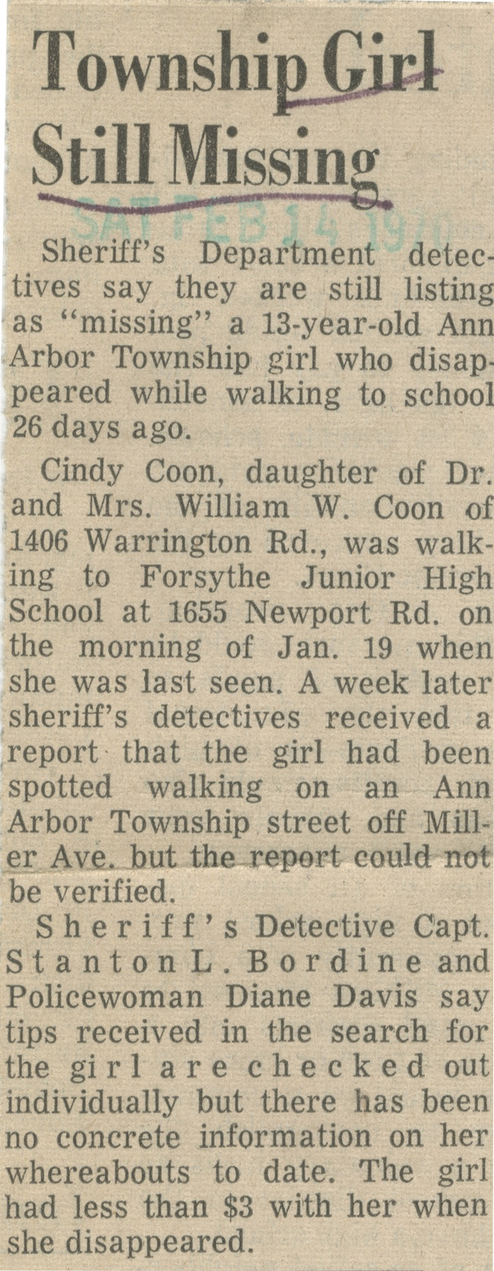 Township Girl Still Missing image