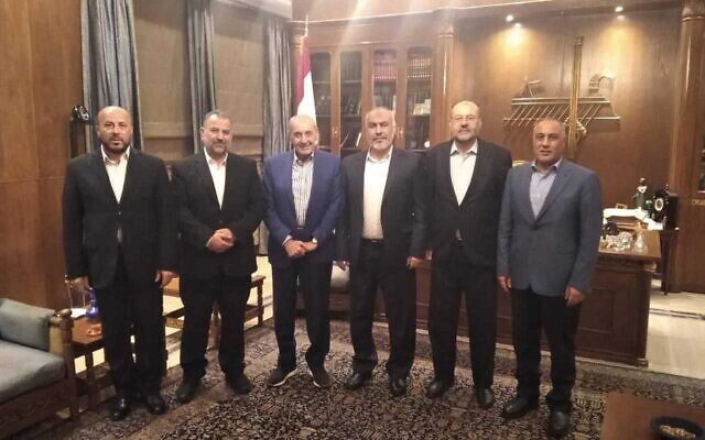 Hamas deputy chief Saleh al-Arouri (2nd-L) and other members of the terror group's political bureau with Nabih Berri, the speaker of Lebanon's parliament, in Beirut on October 28, 2023. (Courtesy(
