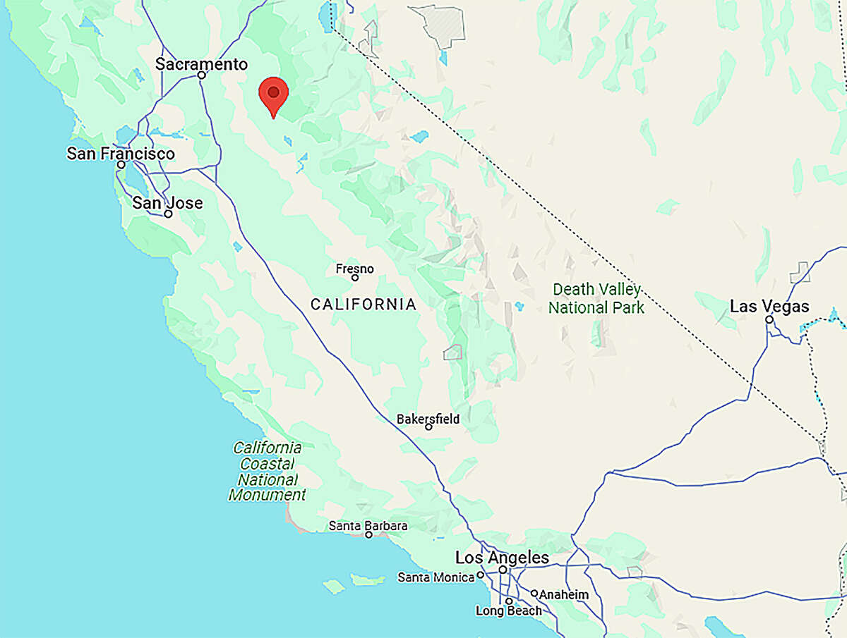 The red symbol indicates the area where Elkton resident Ann Herford disappeared earlier this month while hiking near Arnold, California.
