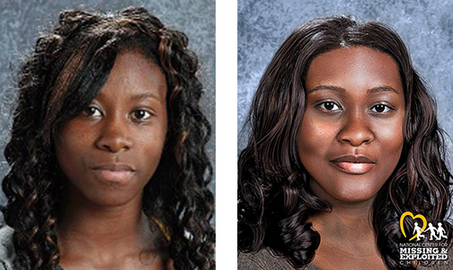 two images: left: janteyl is a black 15 year old who has black shoulder length curly hair and a closed mouth smile; right: janteyl's age progression to 30 years old, also with black shoulder length hair and closed mouth smile