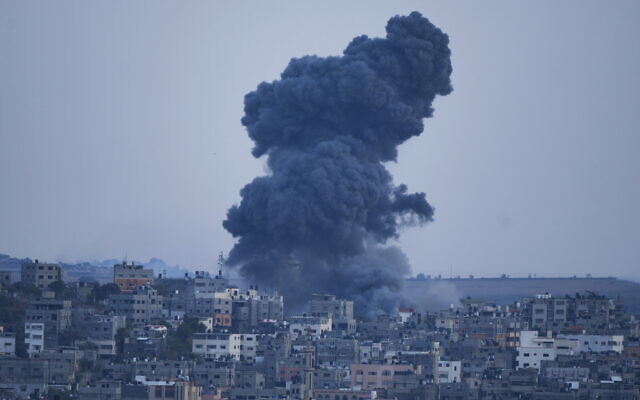 Smoke rises following an Israeli airstrike, in Gaza City, October 8, 2023. (AP Photo/Hatem Moussa)