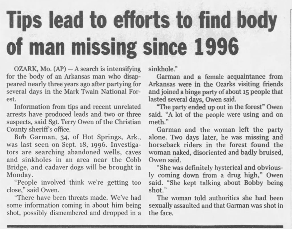 Newspaper article about Bob Garman from 1999, text is written out below Newspaper article about Bob Garman from 1999, text is written out below