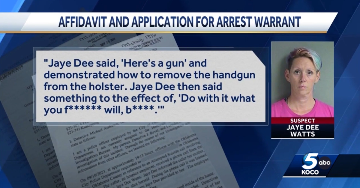 Jaye Dee Watts berated her mother, Lynda Watts, and told her to die by suicide, cops said. The older woman did. (Screenshot: KOCO)