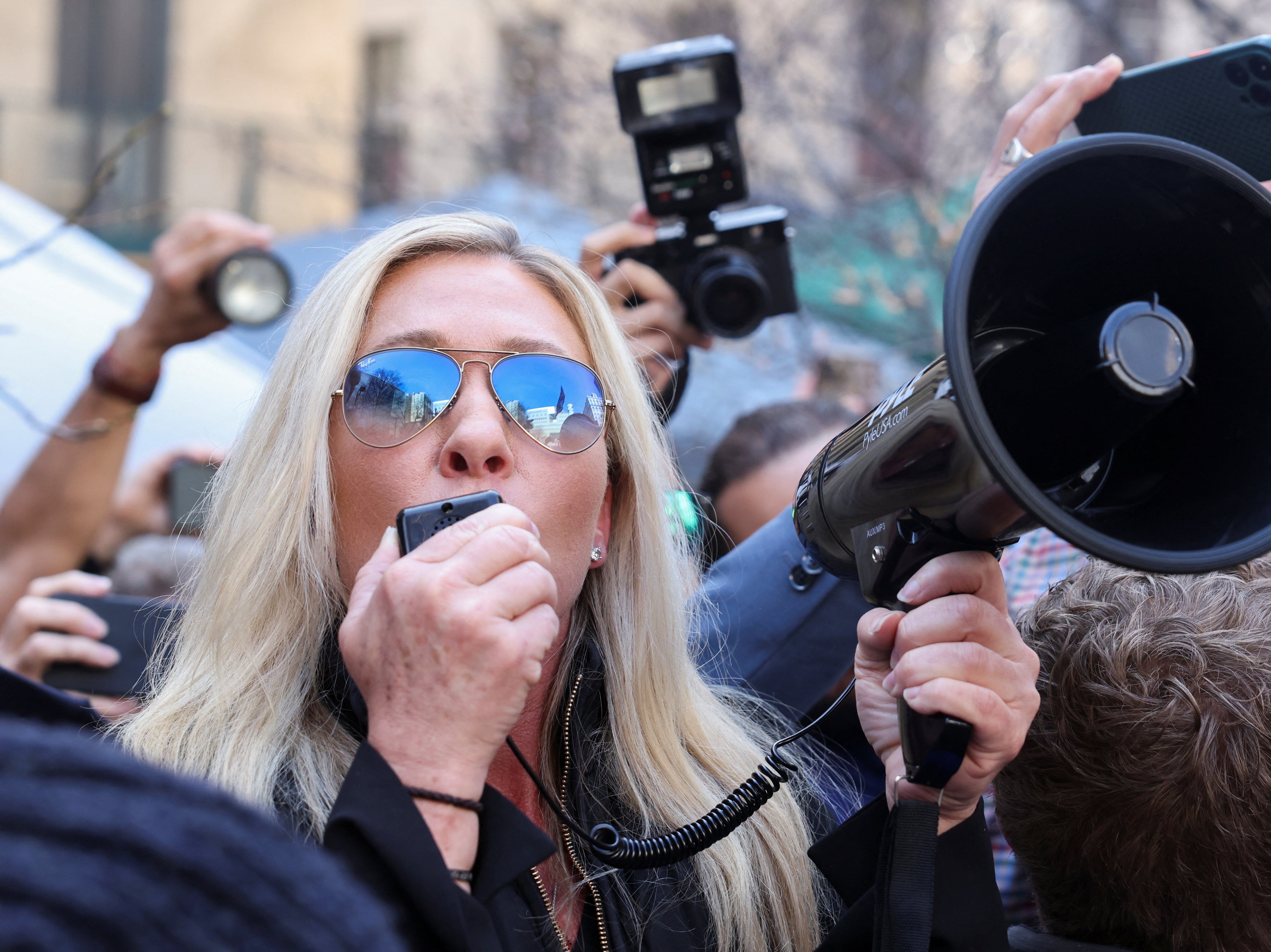 <p>U.S. Rep. Marjorie Taylor Greene (R-GA) speaks outside Manhattan Criminal Courthouse on the day of former U.S. President Donald Trump's planned court appearance</p>