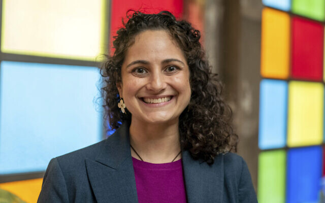 Samantha Woll, president of the board at the Isaac Agree Downtown Synagogue poses for a photo in Detroit, October 13, 2022. (David Guralnick/Detroit News via AP)