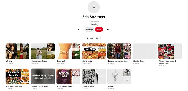 A Pinterest profile belonging to Strotman showed the life she was longing to have – an engagement, dad and mom photoshoots and holiday party ideas
