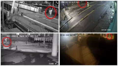 Avon and Somerset Police Four CCTV images taken from the Hotwells area. A red circle in each outlines where Jack can be seen walking past the frame