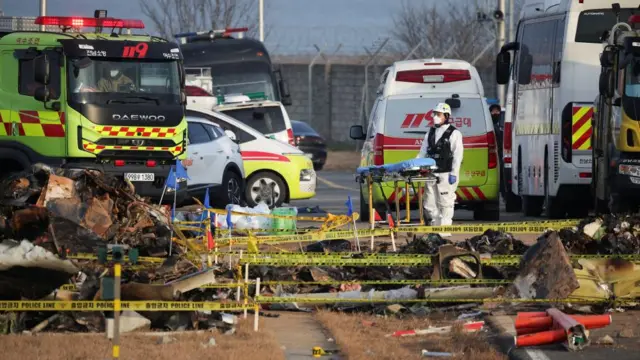 A man in a white suit stands next to a stretcher as debris from the plane lies in front of him, covered in police tape, a firefighter sits in a fire engine on the left A man in a white suit stands next to a stretcher as debris from the plane lies in front of him, covered in police tape, a firefighter sits in a fire engine on the left