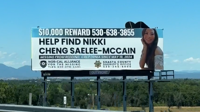A new billboard has been put up along Interstate 5 in Anderson, Calif., to help raise awareness for missing woman Nikki Cheng Saelee-McCain, last seen on Friday, May 17, 2024. (KRCR) A new billboard has been put up along Interstate 5 in Anderson, Calif., to help raise awareness for missing woman Nikki Cheng Saelee-McCain, last seen on Friday, May 17, 2024. (KRCR)