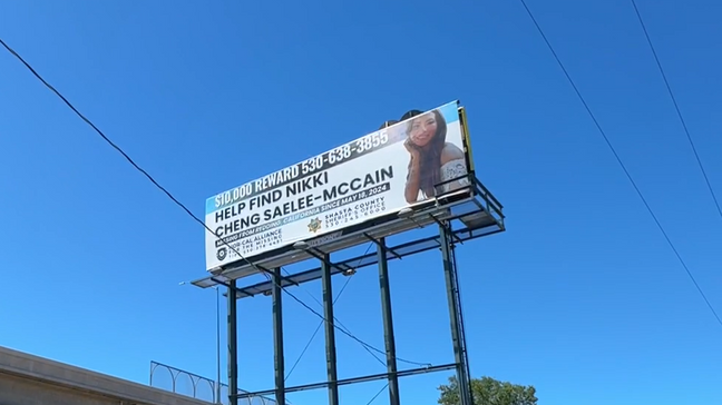 A new billboard has been put up along Interstate 5 in Anderson, Calif., to help raise awareness for missing woman Nikki Cheng Saelee-McCain, last seen on Friday, May 17, 2024. (KRCR) A new billboard has been put up along Interstate 5 in Anderson, Calif., to help raise awareness for missing woman Nikki Cheng Saelee-McCain, last seen on Friday, May 17, 2024. (KRCR)