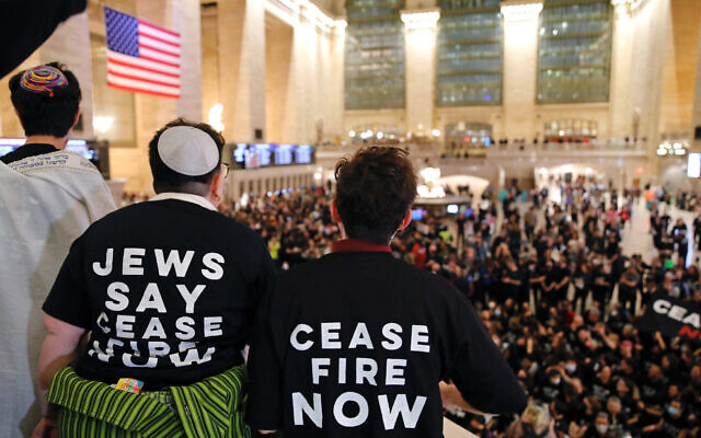 Demonstrators call for a ceasefire between Israel and Gaza-ruling Hamas terror group, during a protest organized by Jewish Voice for Peace at Grand Central Station in New York City on October 27, 2023. (Kena Betancur/AFP) Demonstrators call for a ceasefire between Israel and Gaza-ruling Hamas terror group, during a protest organized by Jewish Voice for Peace at Grand Central Station in New York City on October 27, 2023. (Kena Betancur/AFP)
