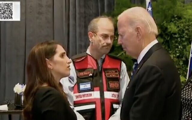 US President Joe Biden meets with first responders to the Hamas onslaught on October 18, 2023. (Screen capture/Channel 12) US President Joe Biden meets with first responders to the Hamas onslaught on October 18, 2023. (Screen capture/Channel 12)