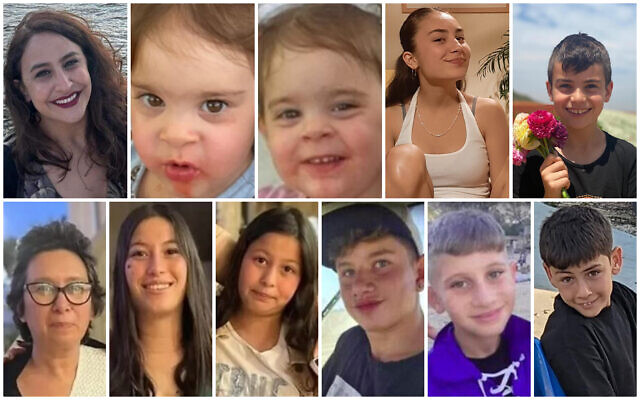 Israeli hostages released on November 27, 2023: Top L-R: Sharon Aloni Cunio and her children Emma and Yuli, siblings Sahar and Erez Calderon; bottom: Karina Engel-Bart and her children Mika and Yuval, siblings Yagil and Or Yaakov, and Eitan Yahalomi. (Courtesy; combination image: Times of Israel) Israeli hostages released on November 27, 2023: Top L-R: Sharon Aloni Cunio and her children Emma and Yuli, siblings Sahar and Erez Calderon; bottom: Karina Engel-Bart and her children Mika and Yuval, siblings Yagil and Or Yaakov, and Eitan Yahalomi. (Courtesy; combination image: Times of Israel)
